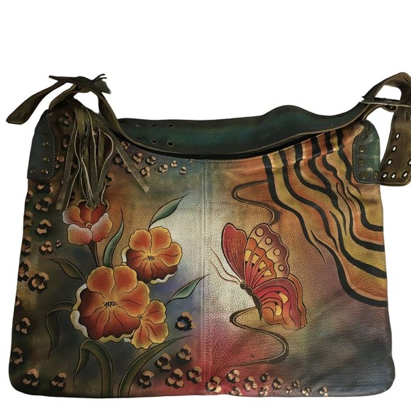 Anuschka  NEVER USED Handpainted Leather XL Shoulder Bag Hobo Butterfly - Picture 1 of 13